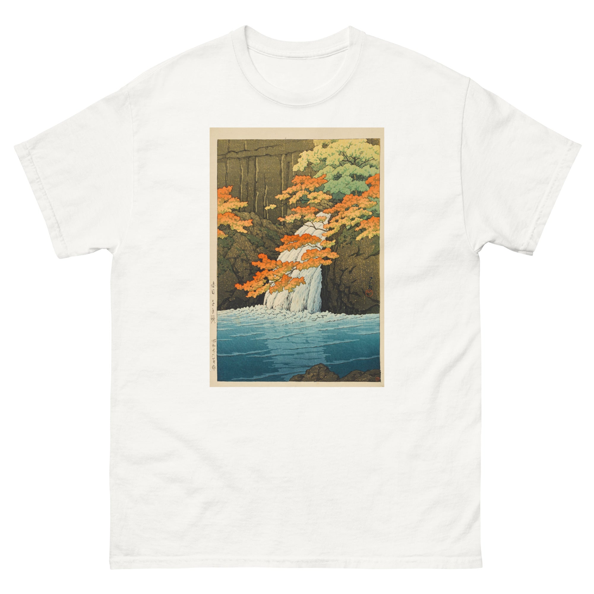 Unisex classic tee featuring Kawase Hasui's woodblock print of Ajame Senju Taki waterfall