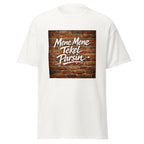 Unisex heather gray t-shirt featuring vintage Writing on the Wall poster artwork printed across the front