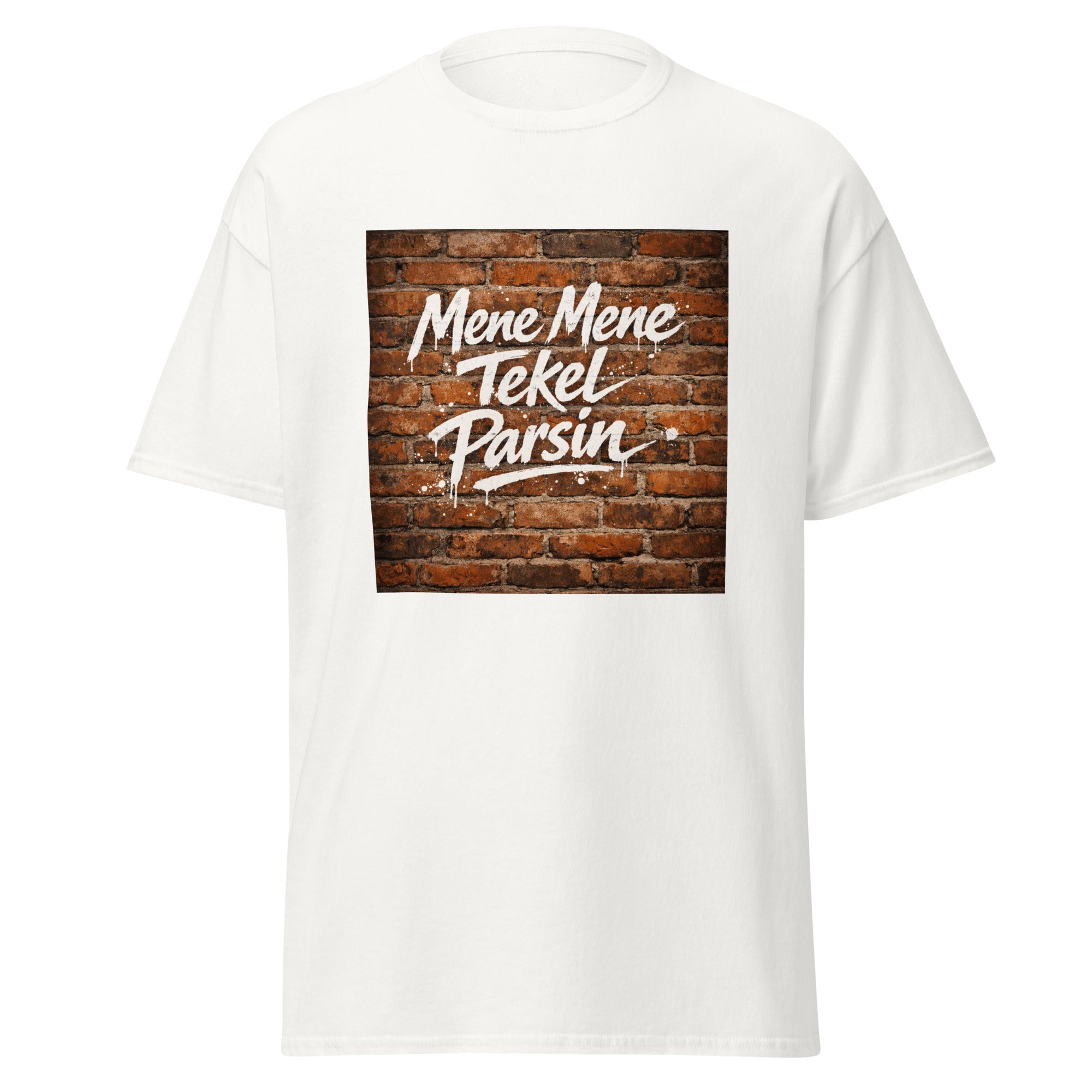 Unisex heather gray t-shirt featuring vintage Writing on the Wall poster artwork printed across the front