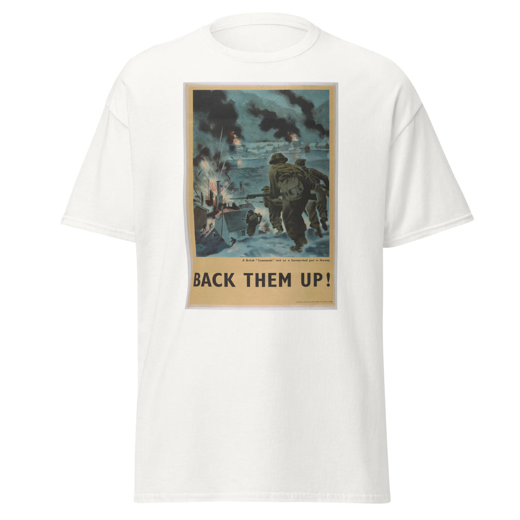 Unisex heather gray t-shirt featuring vintage Back Them Up poster artwork printed across the front