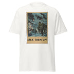 Unisex heather gray t-shirt featuring vintage Back Them Up poster artwork printed across the front