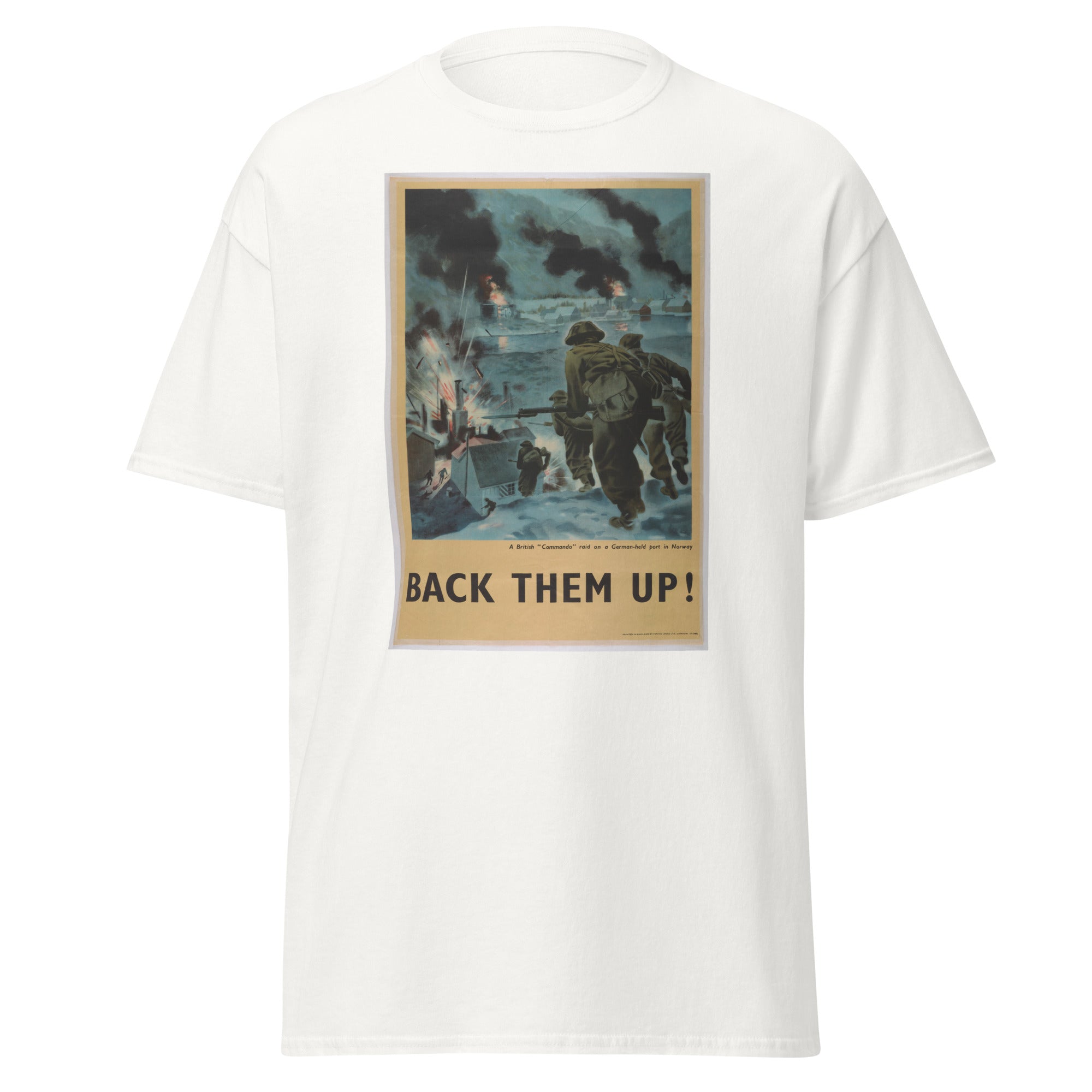 Unisex heather gray t-shirt featuring vintage Back Them Up poster artwork printed across the front