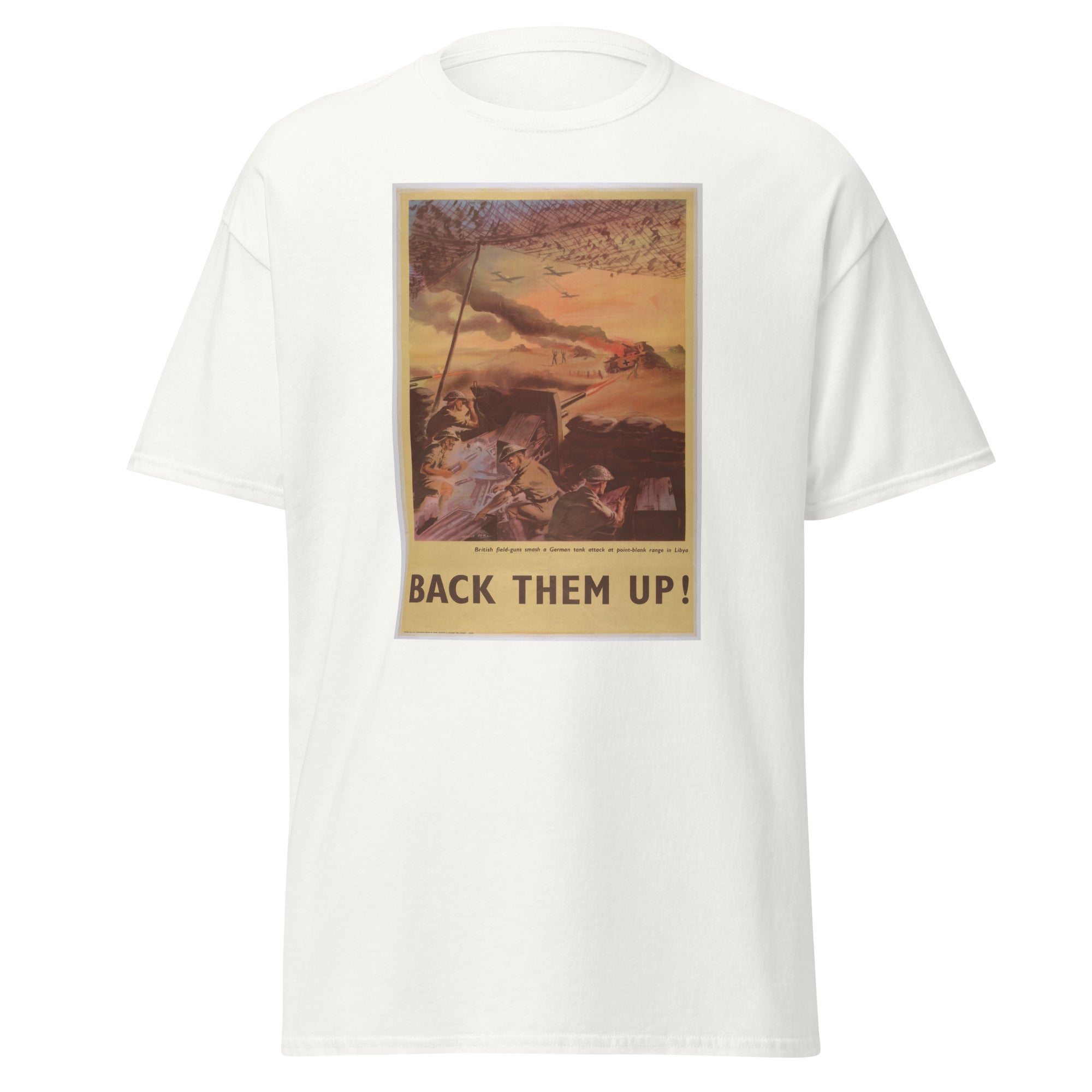 Unisex black t-shirt featuring vintage Back Them Up poster artwork printed across the front