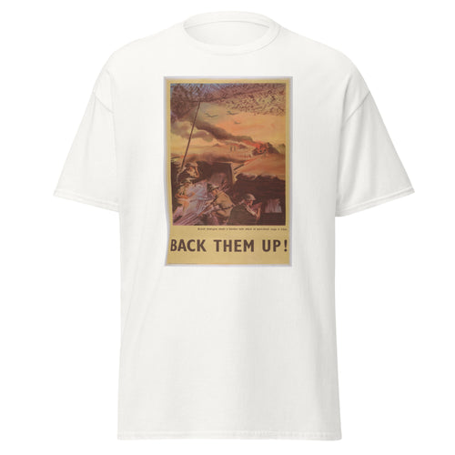 Unisex black t-shirt featuring vintage Back Them Up poster artwork printed across the front