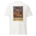 Unisex heather gray t-shirt featuring vintage Back Them Up poster artwork printed across the front