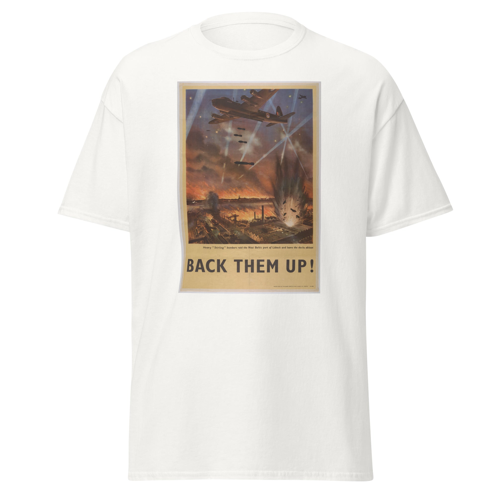 Unisex heather gray t-shirt featuring vintage Back Them Up poster artwork printed across the front
