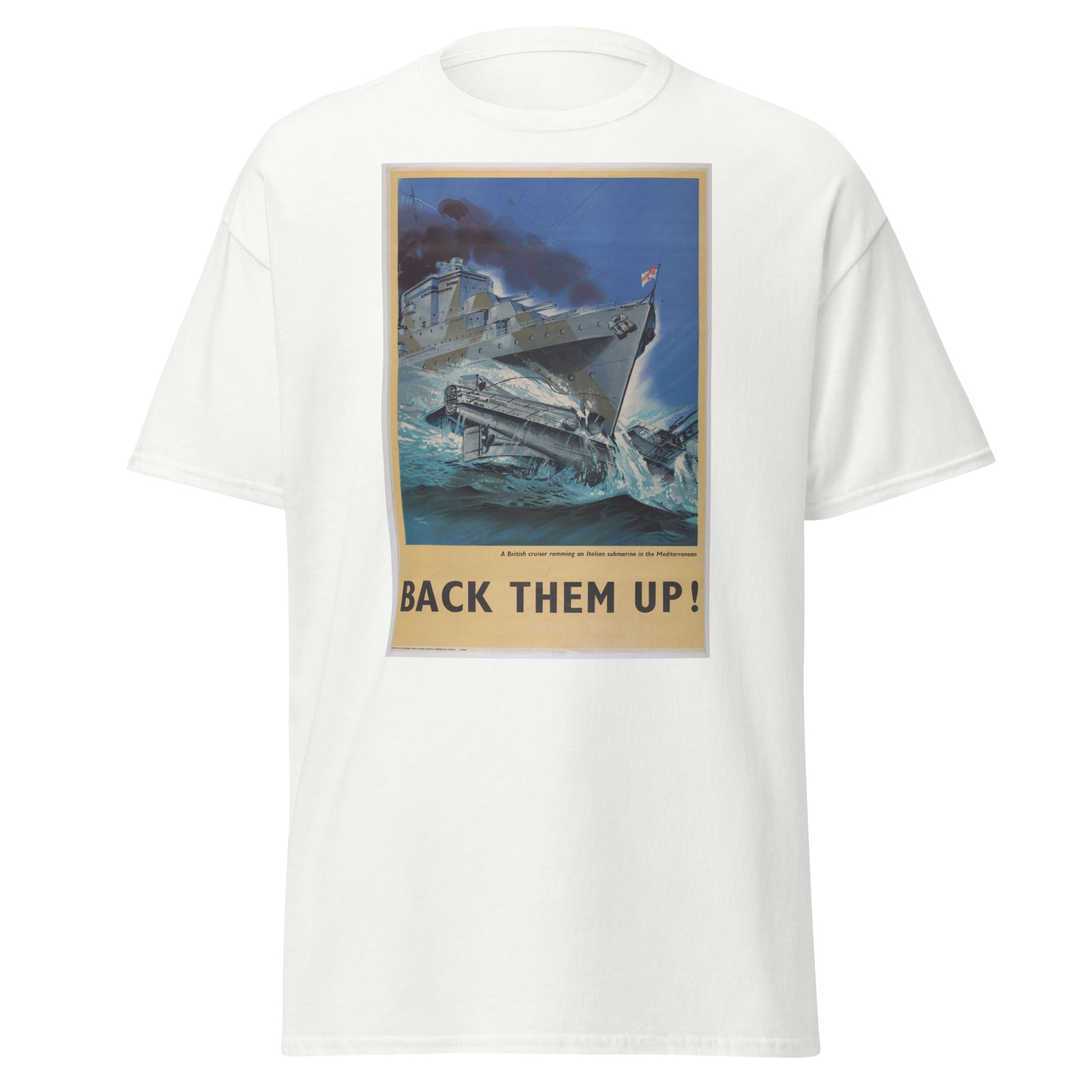 Unisex black t-shirt featuring vintage Back Them Up poster artwork printed across the front