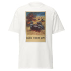 Unisex heather gray t-shirt featuring vintage Back Them Up poster artwork printed across the front