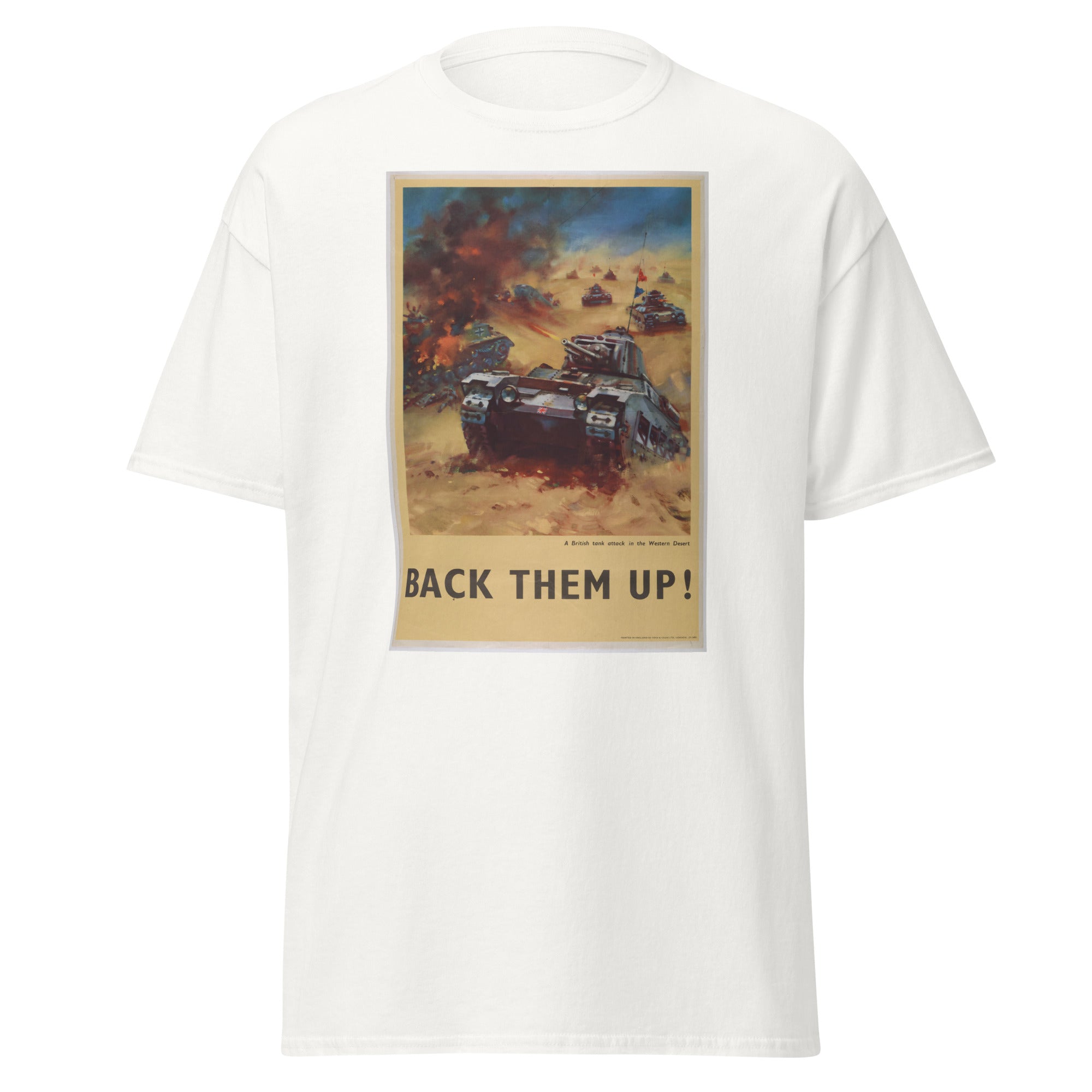 Unisex heather gray t-shirt featuring vintage Back Them Up poster artwork printed across the front