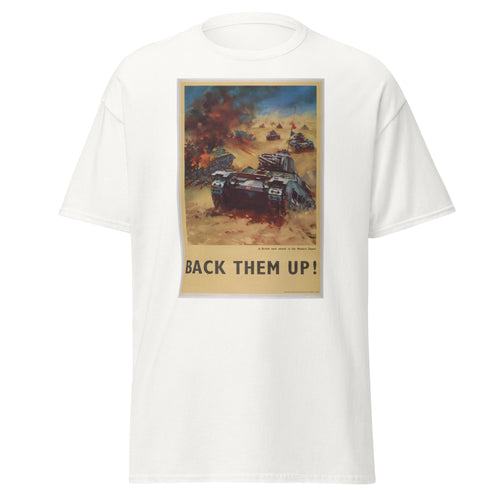 Unisex heather gray t-shirt featuring vintage Back Them Up poster artwork printed across the front
