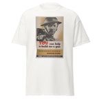 Unisex heather gray t-shirt featuring vintage Build Me a Gun poster artwork printed across the front