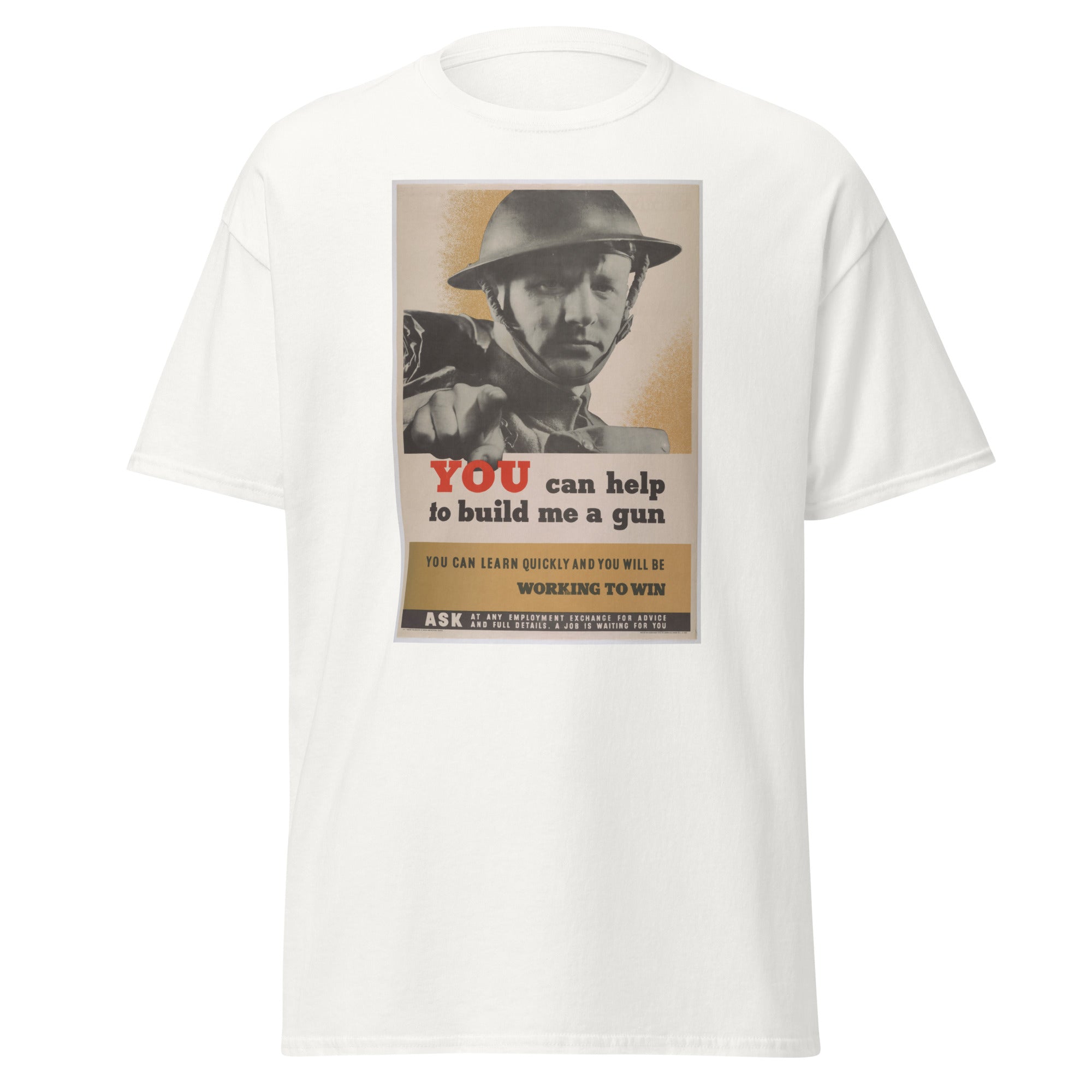 Unisex heather gray t-shirt featuring vintage Build Me a Gun poster artwork printed across the front