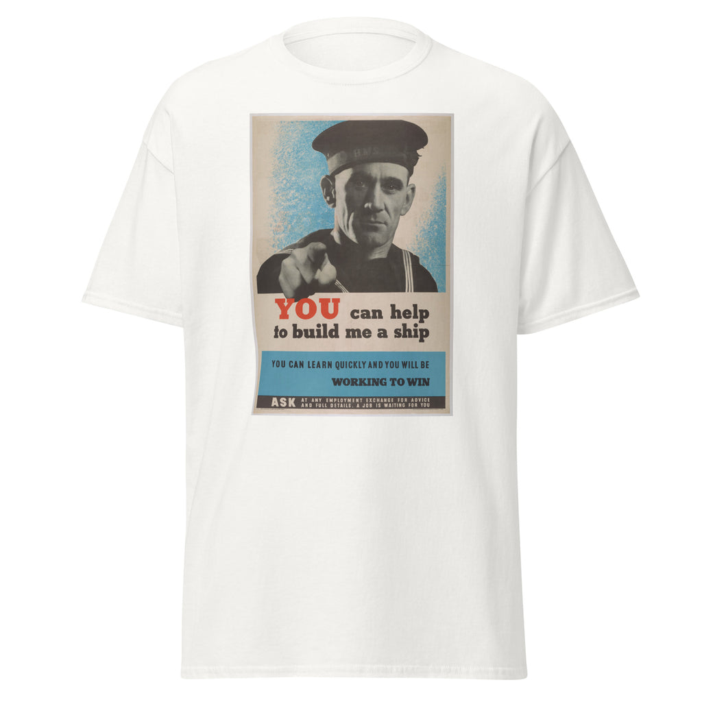 Unisex black t-shirt featuring vintage Build Me a Ship poster artwork printed across the front
