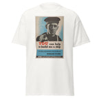 Unisex black t-shirt featuring vintage Build Me a Ship poster artwork printed across the front
