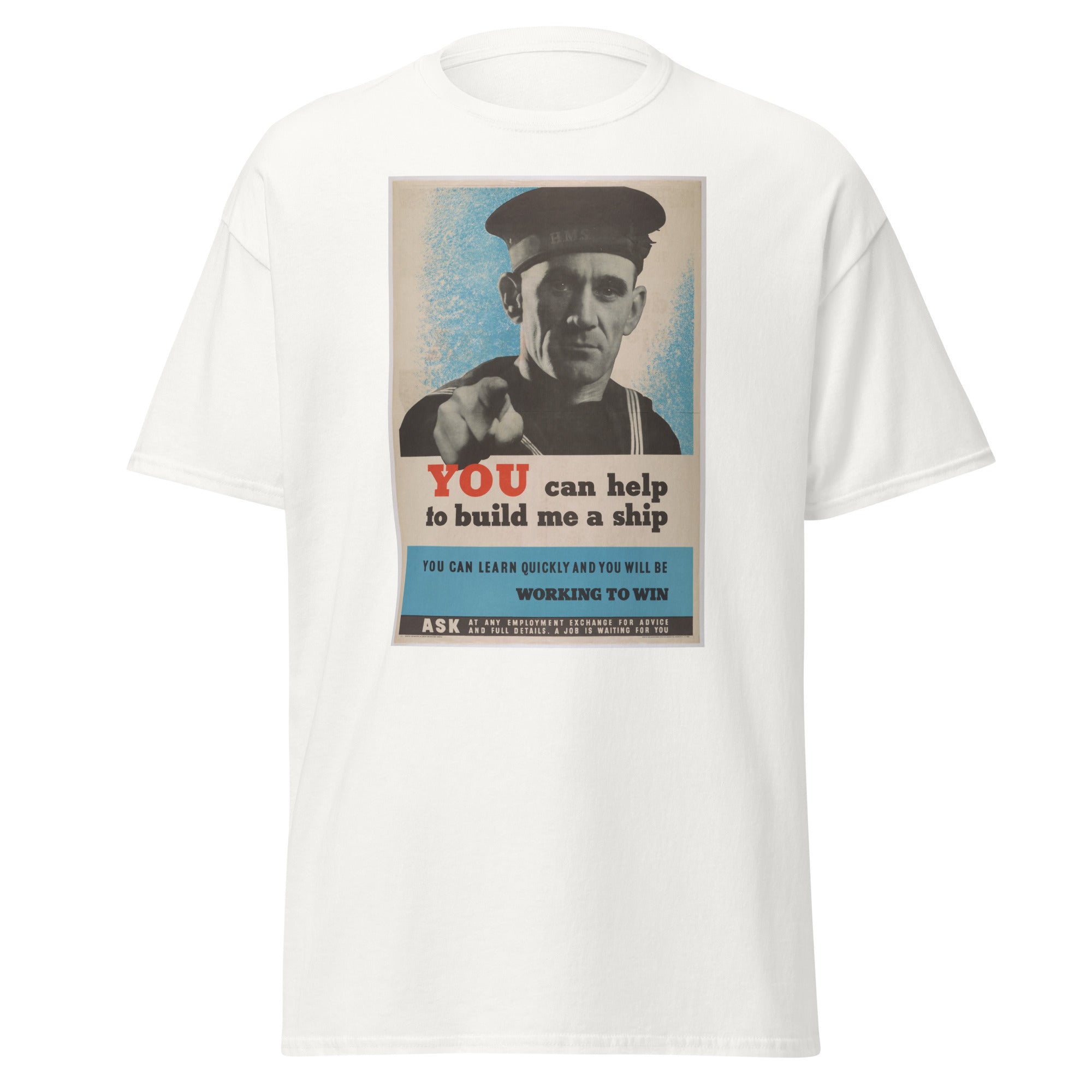 Unisex black t-shirt featuring vintage Build Me a Ship poster artwork printed across the front