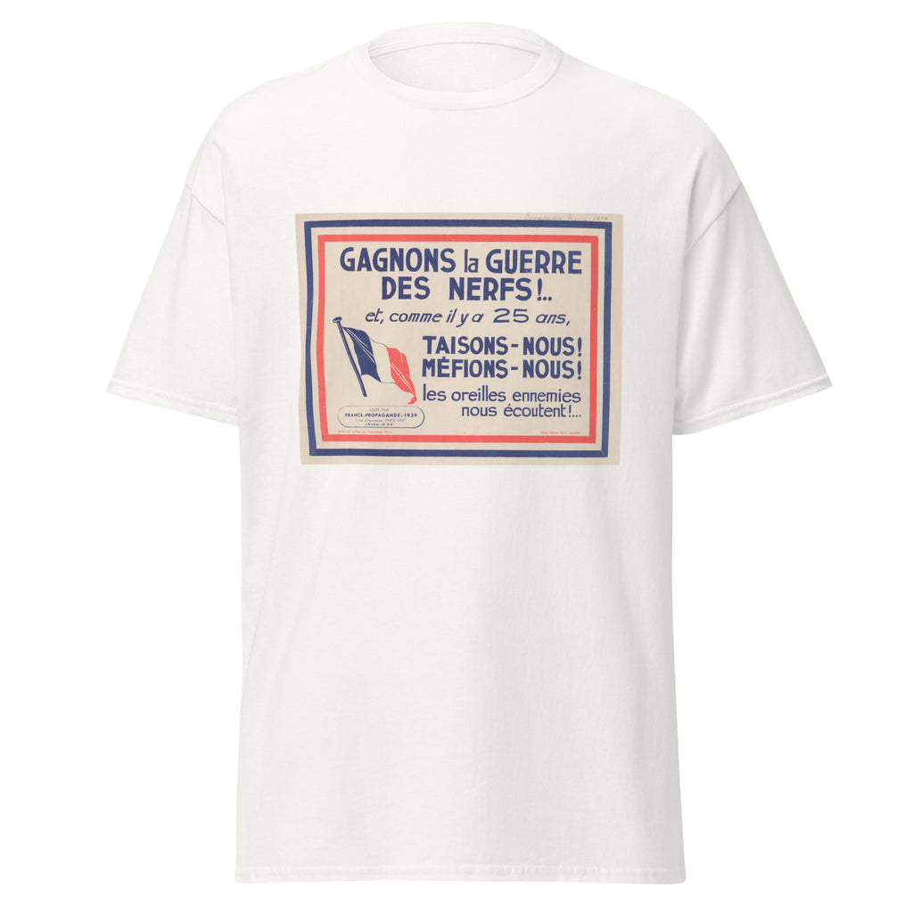 Unisex black t-shirt featuring vintage Gagnons La Guerre Des Nerfs poster artwork printed across the front