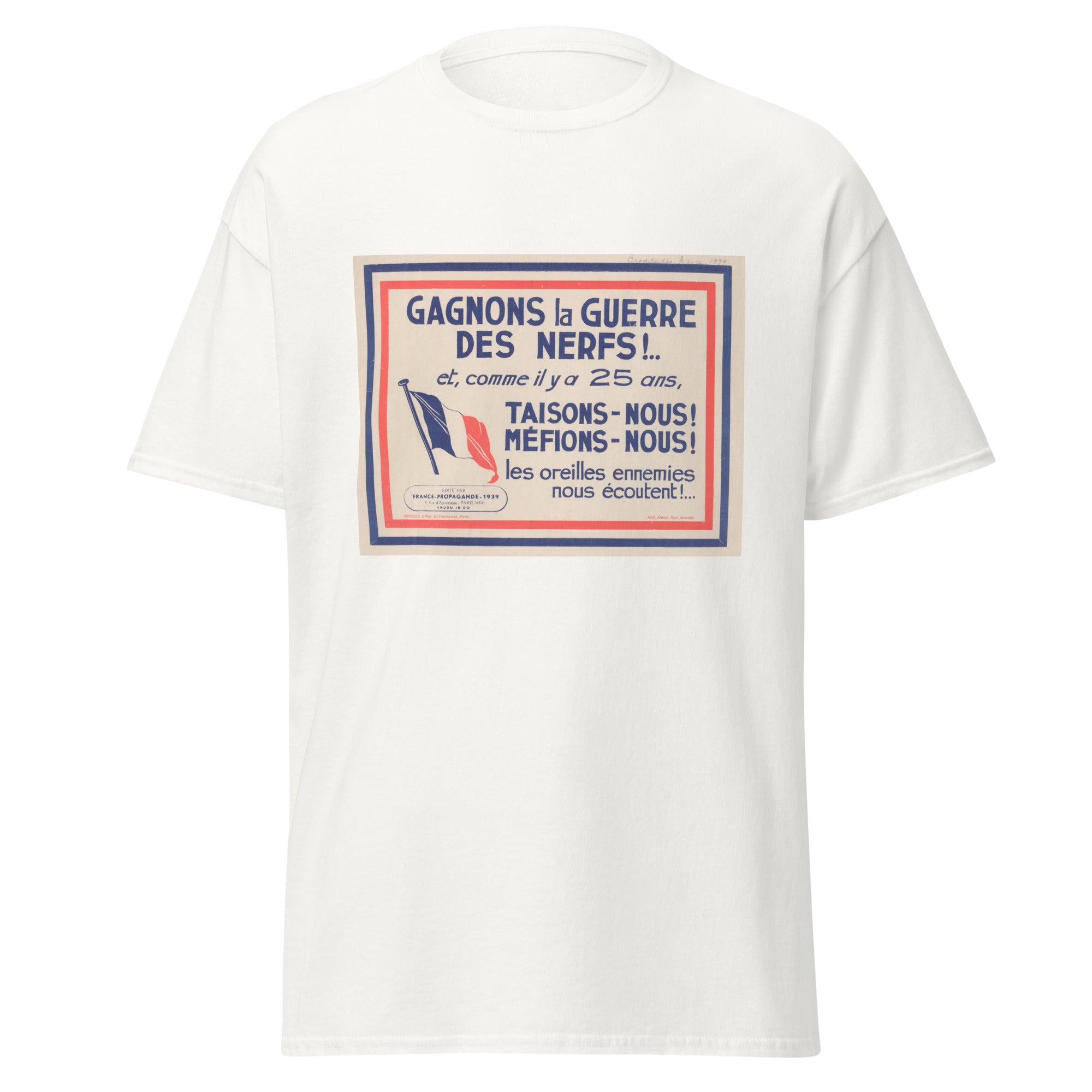 Unisex black t-shirt featuring vintage Gagnons La Guerre Des Nerfs poster artwork printed across the front