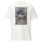 Unisex black t-shirt featuring vintage Let US Go Forward Together poster artwork printed across the front