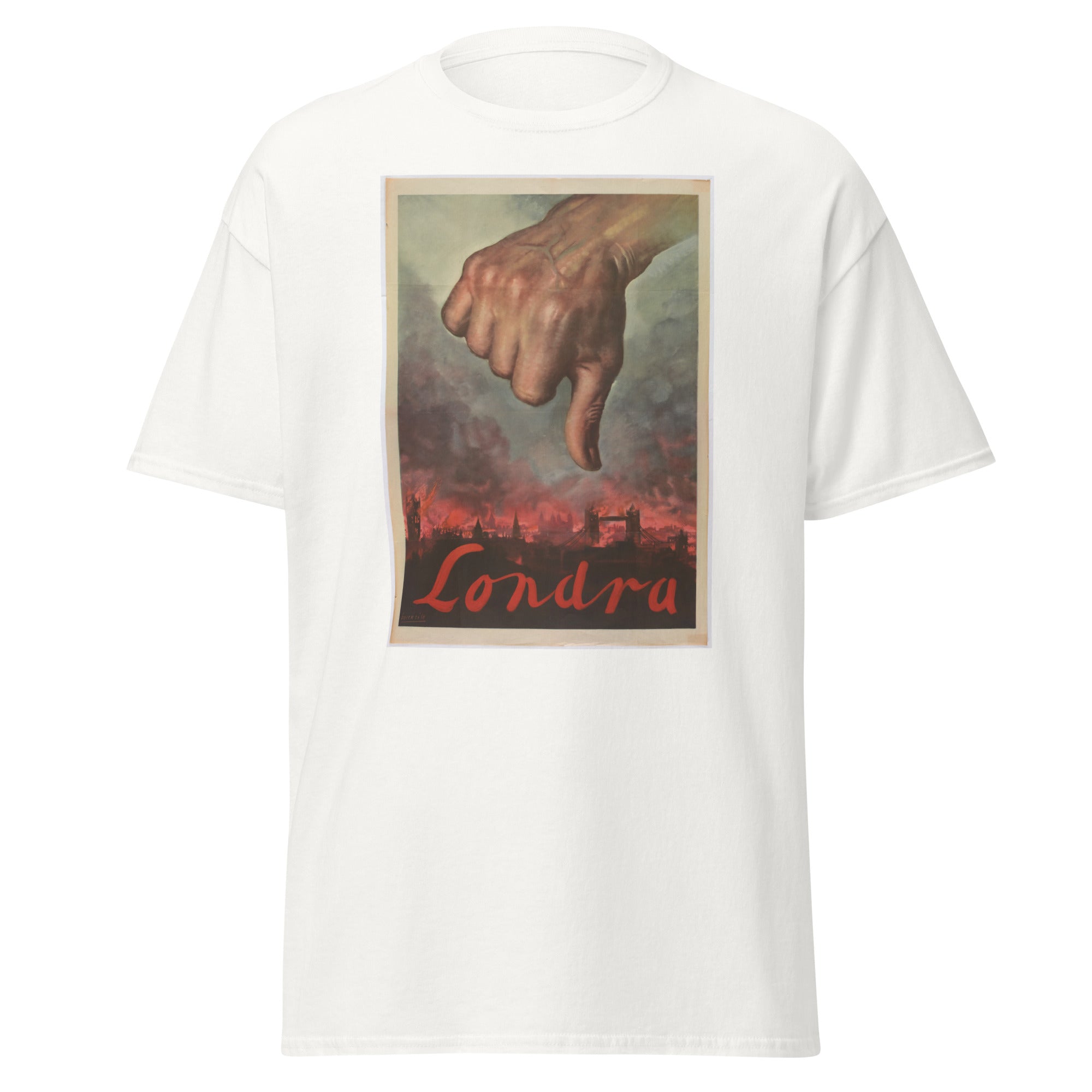 Unisex heather gray t-shirt featuring vintage Londra poster artwork printed across the front