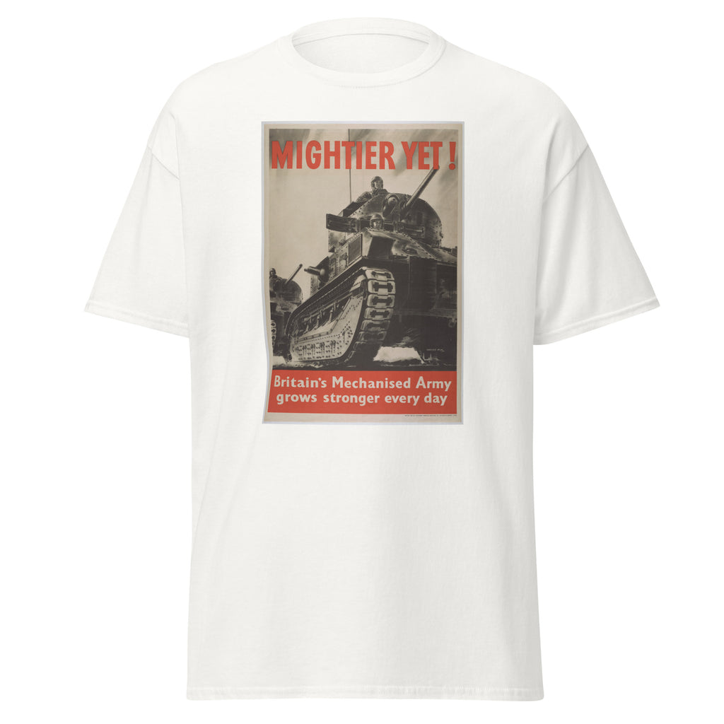 Unisex heather gray t-shirt featuring vintage Mightier Yet poster artwork printed across the front
