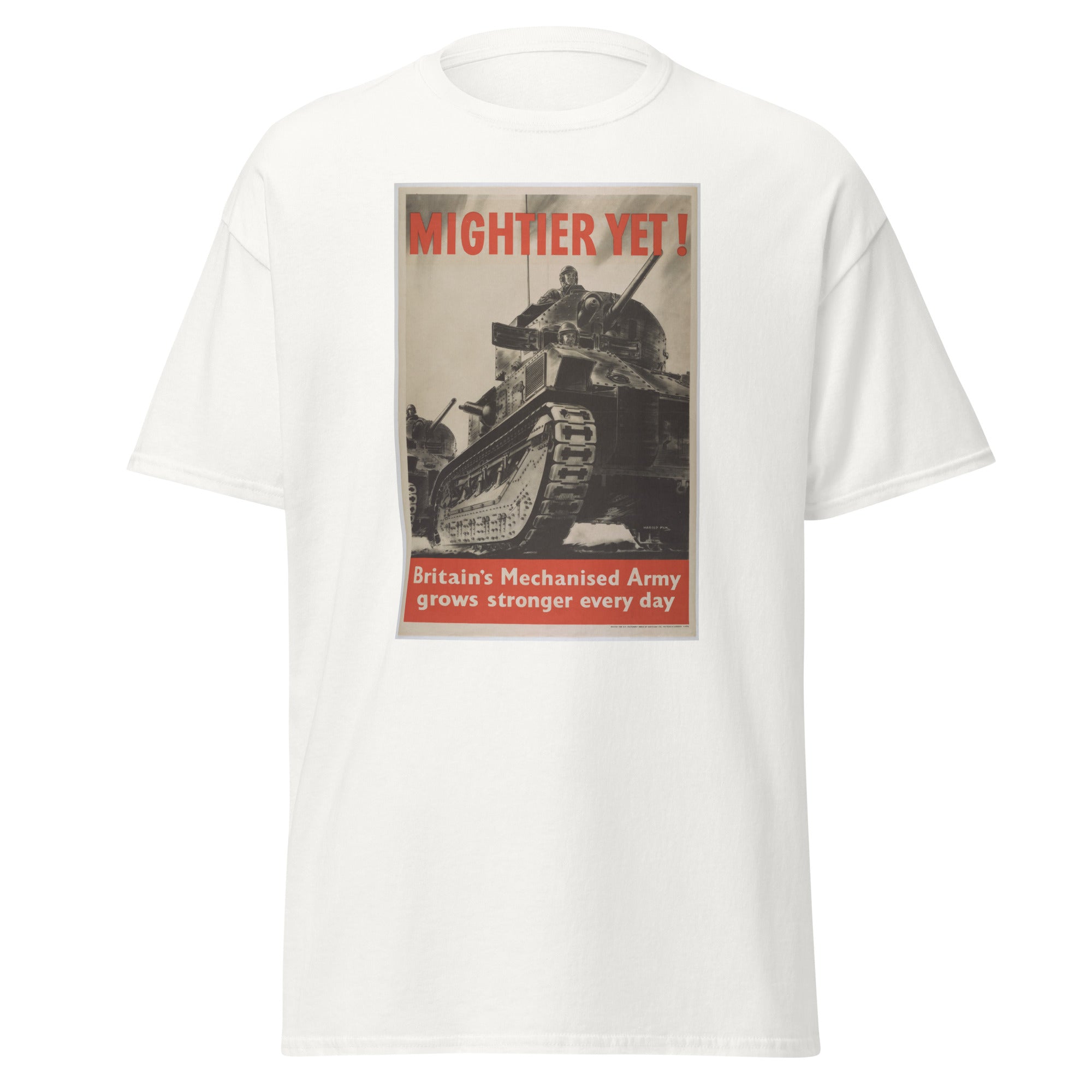 Unisex heather gray t-shirt featuring vintage Mightier Yet poster artwork printed across the front