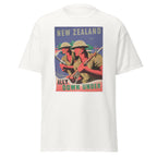 Unisex black t-shirt featuring vintage New Zealand WWII poster artwork printed across the front