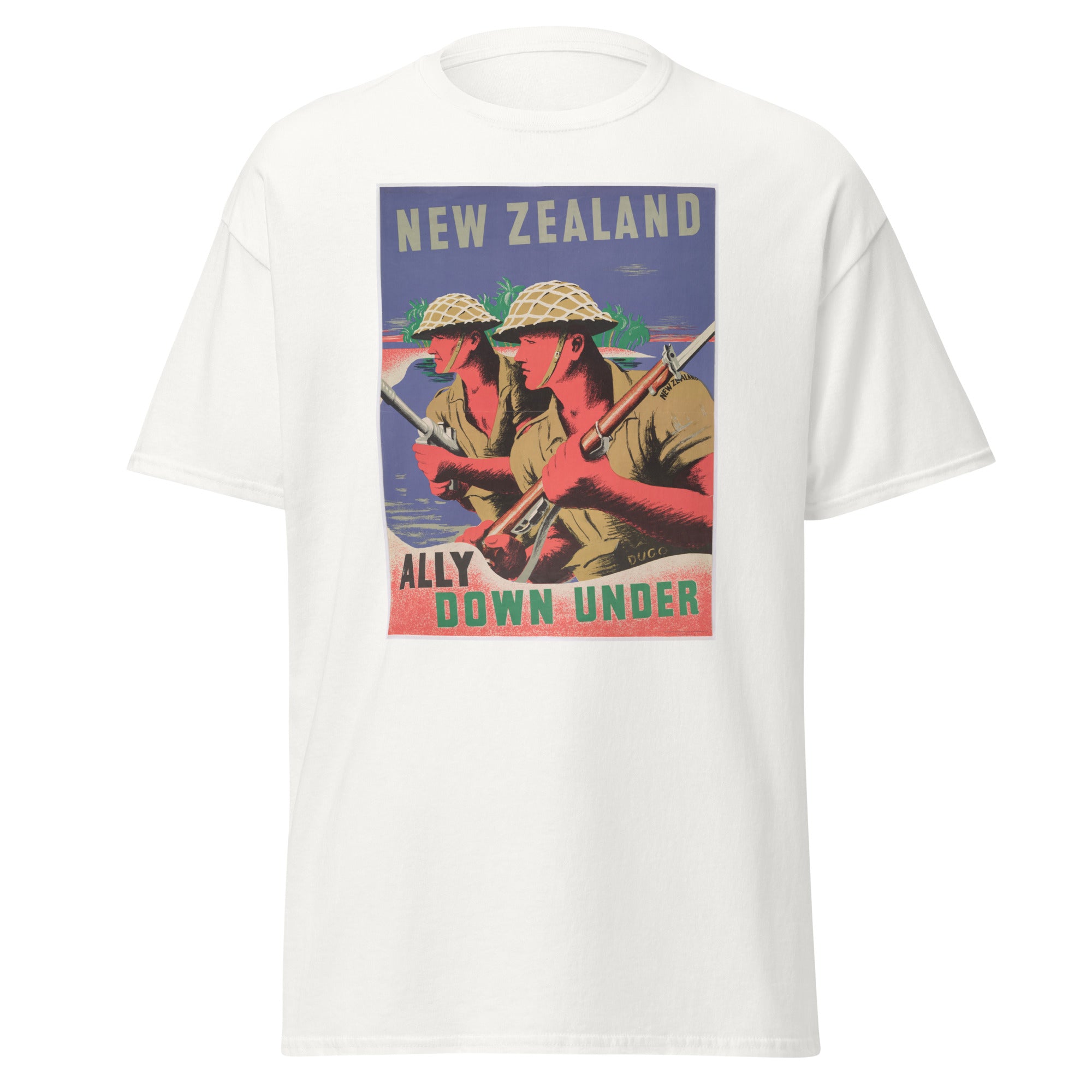Unisex black t-shirt featuring vintage New Zealand WWII poster artwork printed across the front