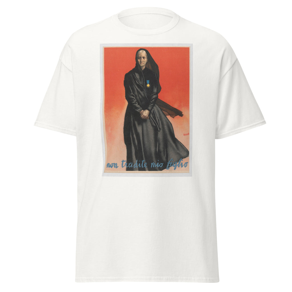 Unisex black t-shirt featuring vintage Non Tradite Mio Figlio poster artwork printed across the front