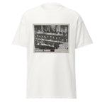 Unisex black t-shirt featuring vintage Nuremberg Tribunal poster artwork printed across the front