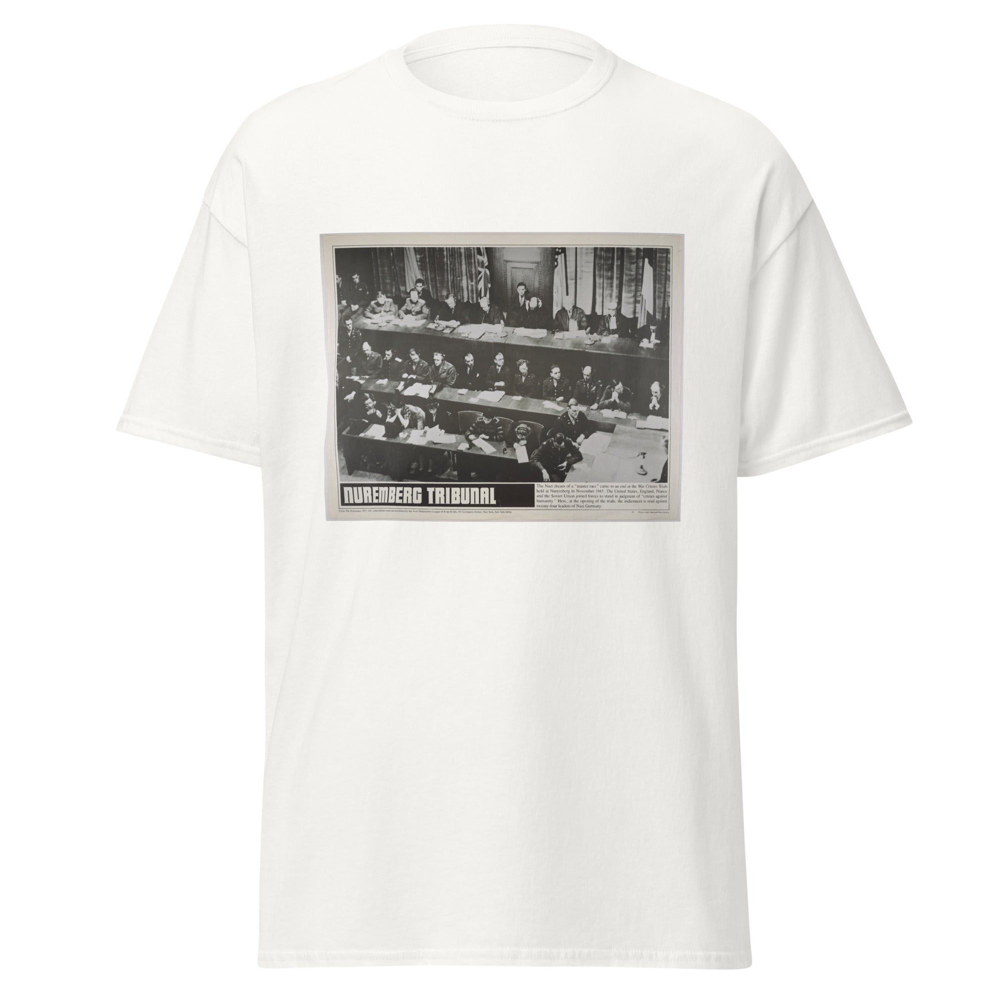 Unisex black t-shirt featuring vintage Nuremberg Tribunal poster artwork printed across the front