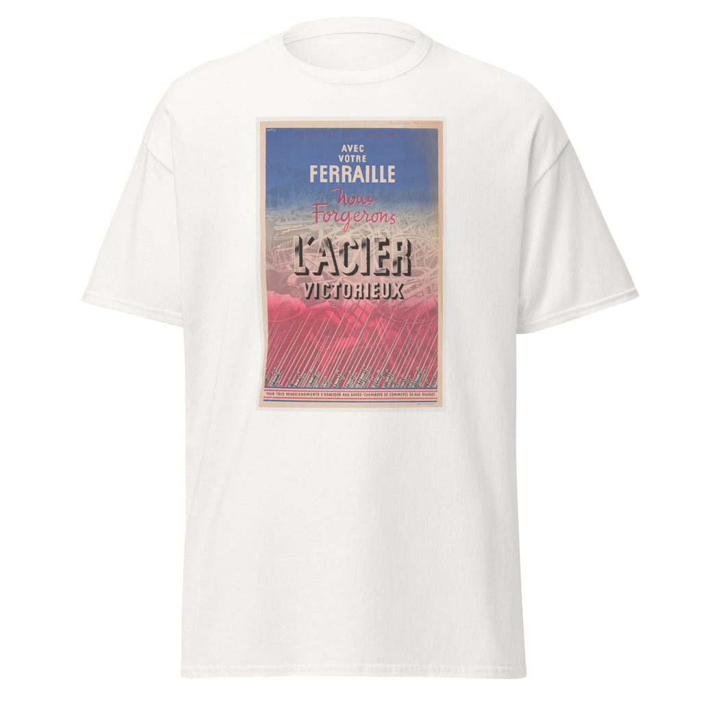 Unisex heather gray t-shirt featuring vintage Scrap Metal poster artwork printed across the front