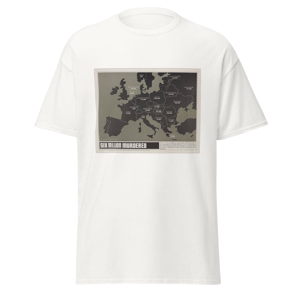 Unisex black t-shirt featuring vintage Six Million poster artwork printed across the front