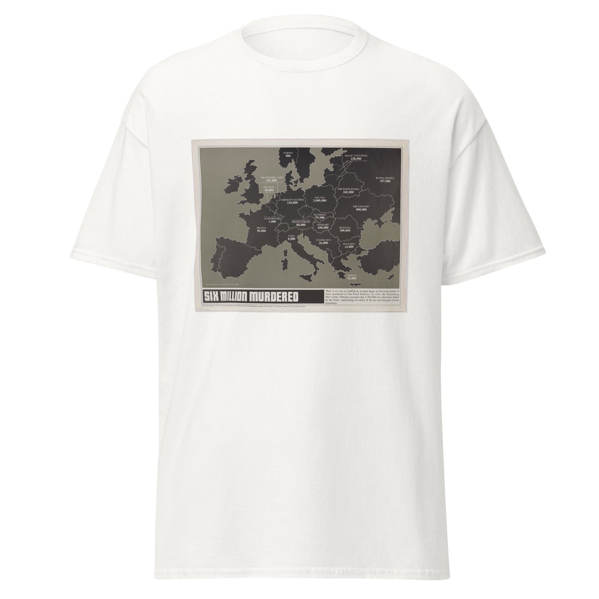Unisex black t-shirt featuring vintage Six Million poster artwork printed across the front