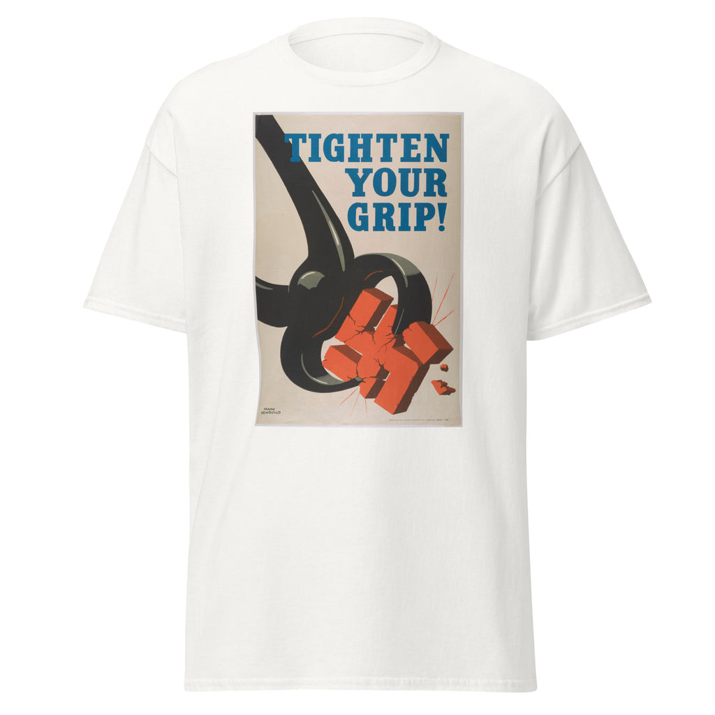 Unisex heather gray t-shirt featuring vintage Tighten Your Grip poster artwork printed across the front