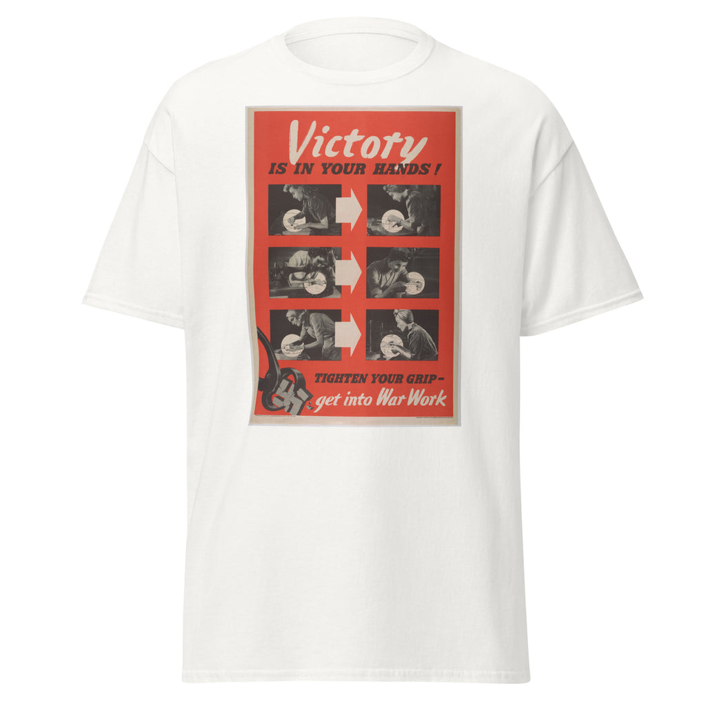 Unisex heather gray t-shirt featuring vintage War Work poster artwork printed across the front