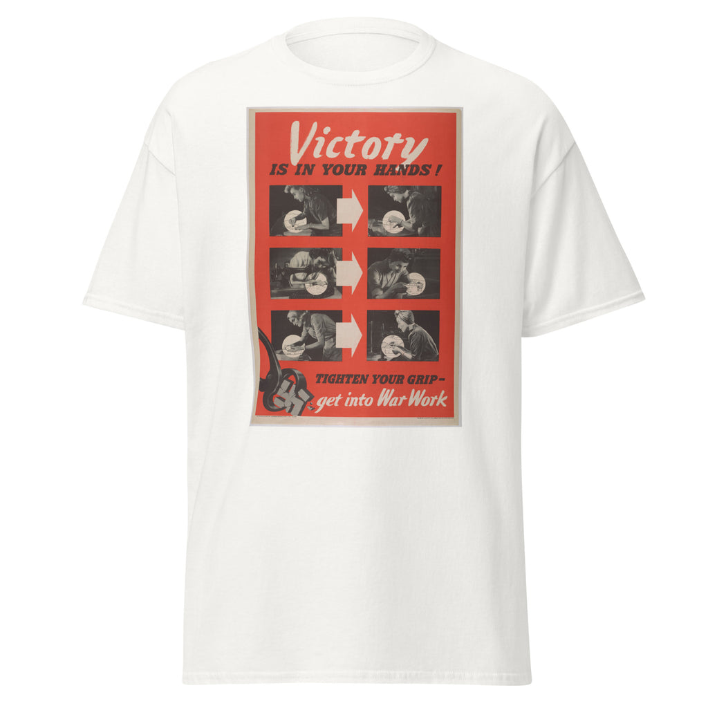 Unisex black t-shirt featuring vintage War Work poster artwork printed across the front
