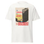 Unisex black t-shirt featuring vintage We Sailed Secretly poster artwork printed across the front