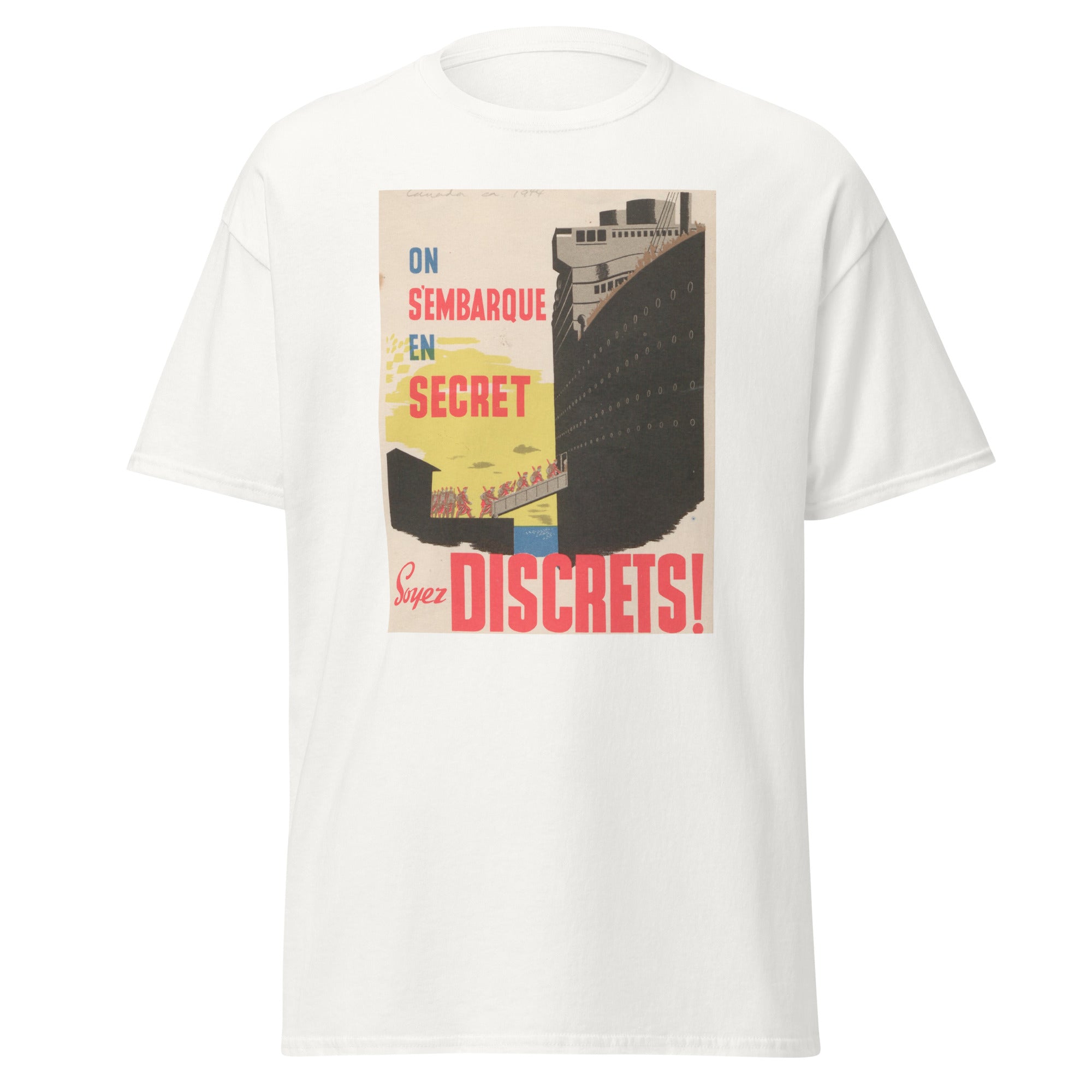 Unisex black t-shirt featuring vintage We Sailed Secretly poster artwork printed across the front