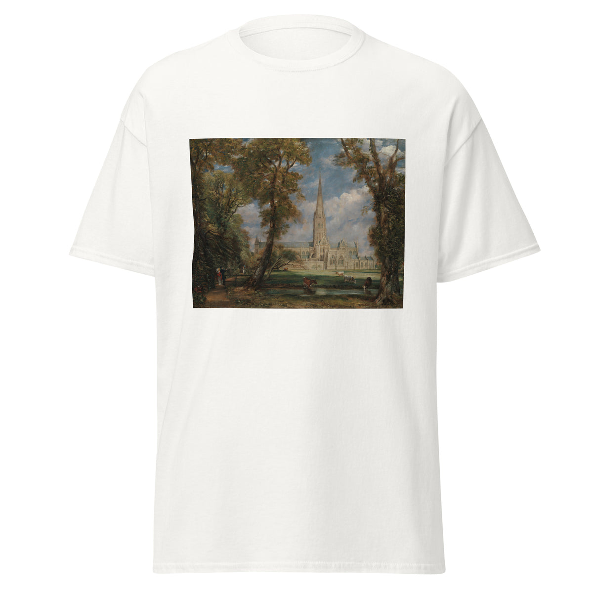 Unisex t-shirt featuring John Constable 'Salisbury Cathedral from the Bishop’s Grounds' artwork, shown in White, front view, sizes S–5XL
