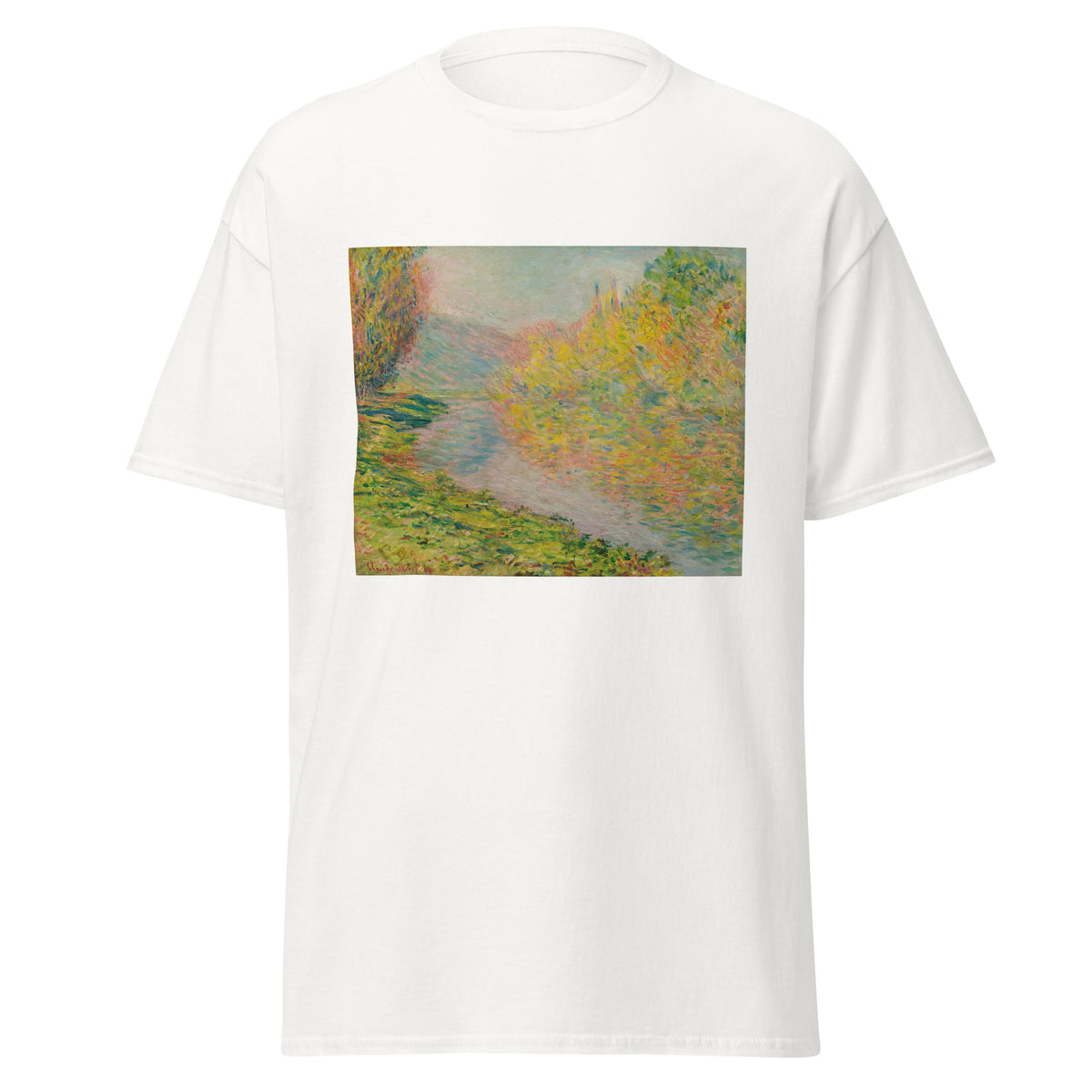 Unisex t-shirt featuring Claude Monet 'Automne À Jeufoss' artwork, shown in White, front view, sizes S–5XL