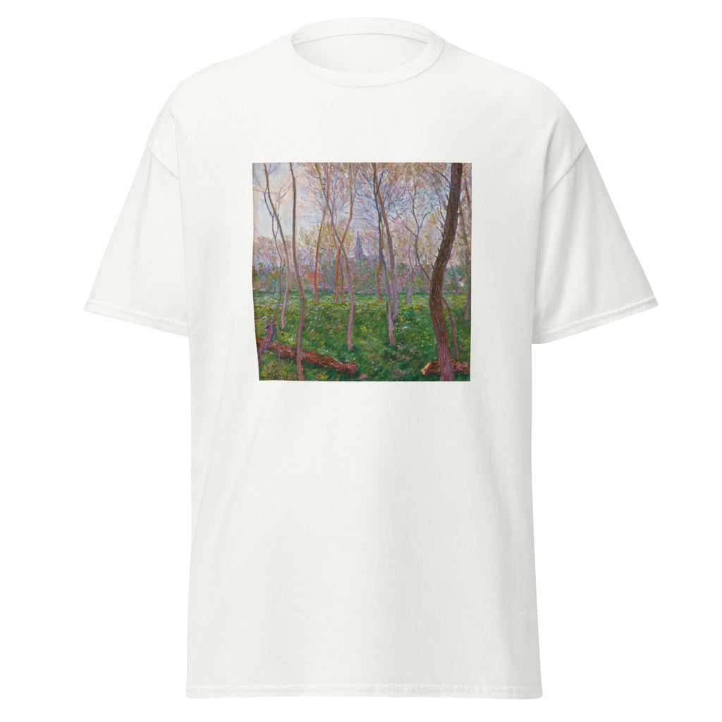 Unisex t-shirt featuring Claude Monet 'Bennecourt' artwork, shown in White, front view, sizes S–5XL
