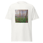 Unisex t-shirt featuring Claude Monet 'Bennecourt' artwork, shown in White, front view, sizes S–5XL
