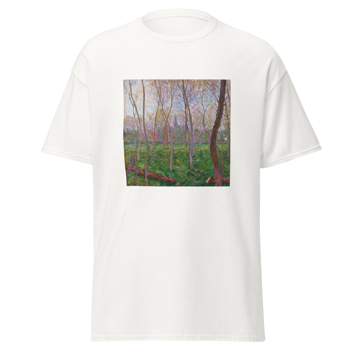 Unisex t-shirt featuring Claude Monet 'Bennecourt' artwork, shown in White, front view, sizes S–5XL