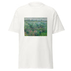 Unisex t-shirt featuring Claude Monet 'Berges De La Seine Près De Vétheuil' artwork, shown in White, front view, sizes S–5XL
