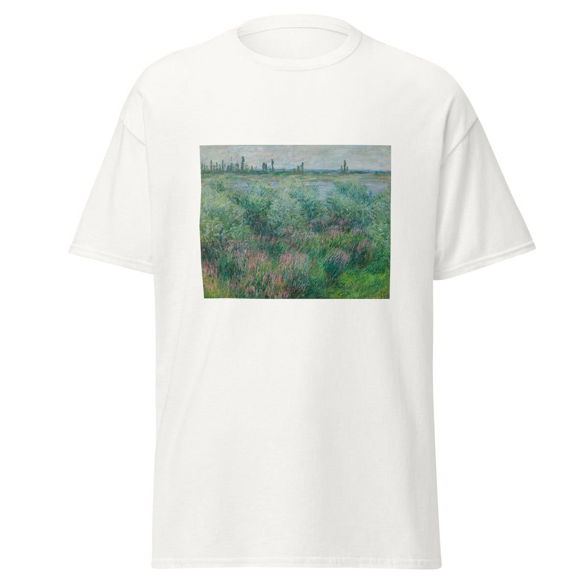 Unisex t-shirt featuring Claude Monet 'Berges De La Seine Près De Vétheuil' artwork, shown in White, front view, sizes S–5XL
