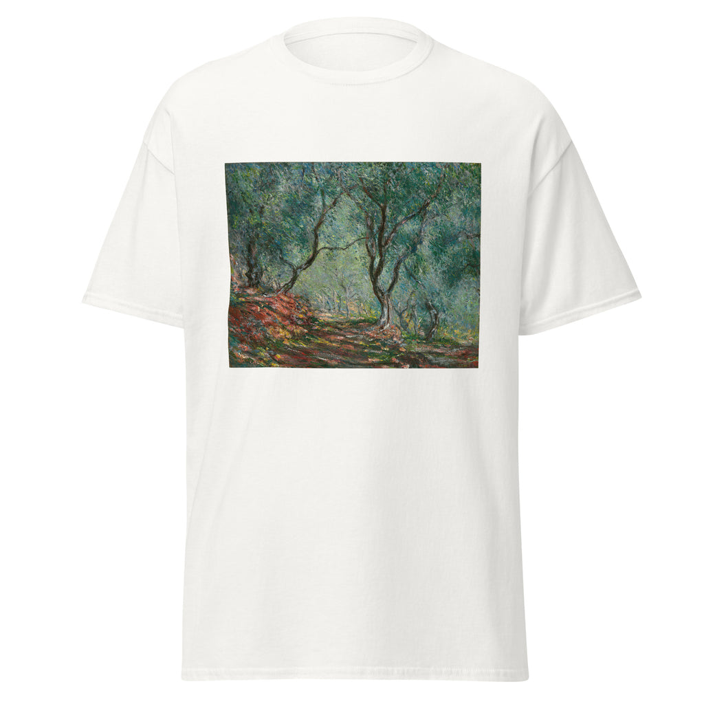 Unisex t-shirt featuring Claude Monet 'Bois d’oliviers au jardin Moreno' artwork, shown in White, front view, sizes S–5XL