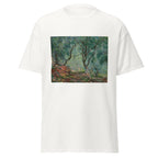 Unisex t-shirt featuring Claude Monet 'Bois d’oliviers au jardin Moreno' artwork, shown in White, front view, sizes S–5XL