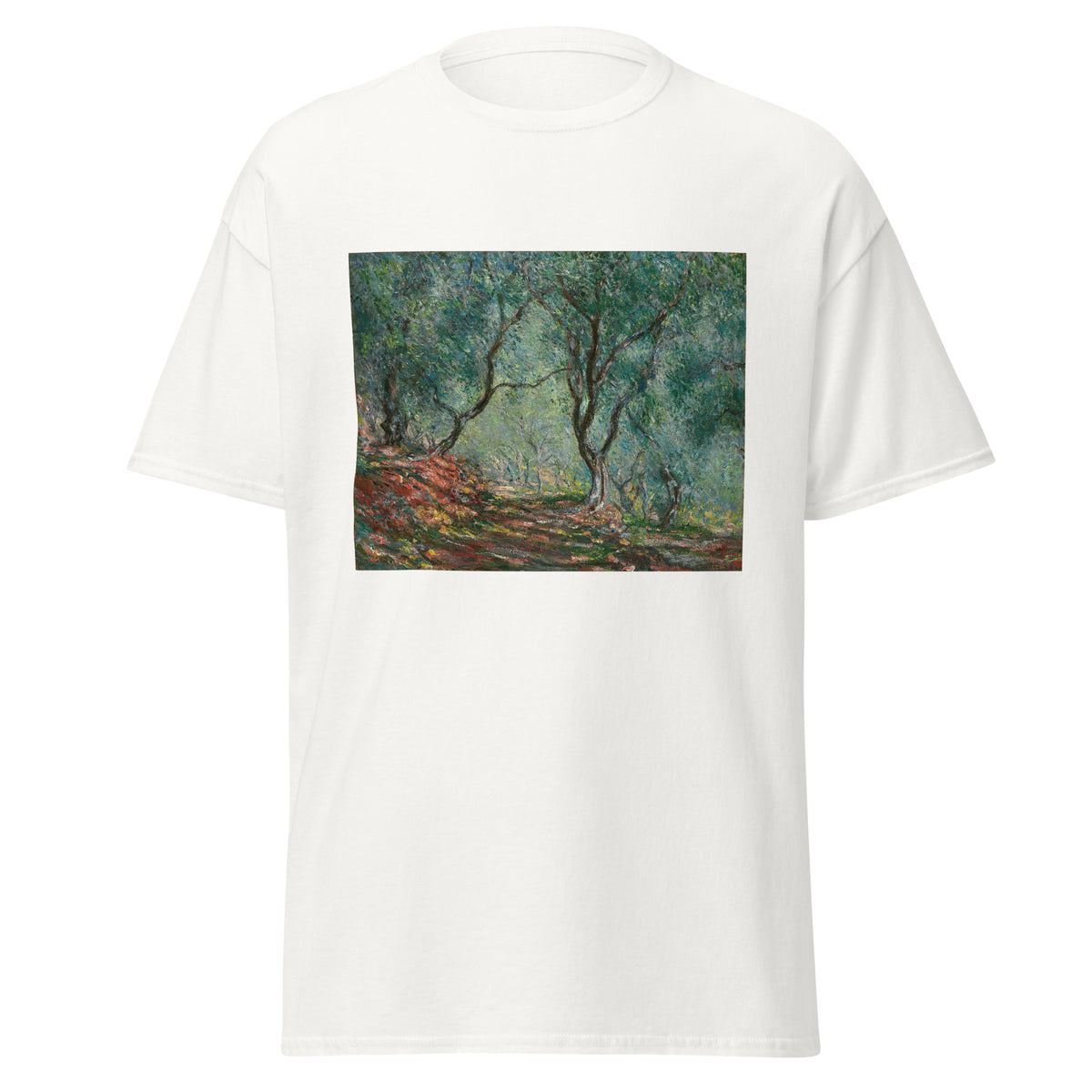 Unisex t-shirt featuring Claude Monet 'Bois d’oliviers au jardin Moreno' artwork, shown in White, front view, sizes S–5XL