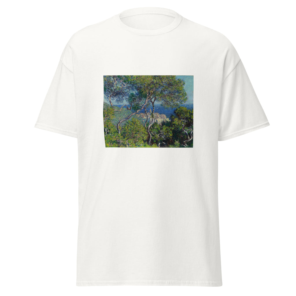 Unisex t-shirt featuring Claude Monet 'Bordighera' artwork, shown in White, front view, sizes S–5XL