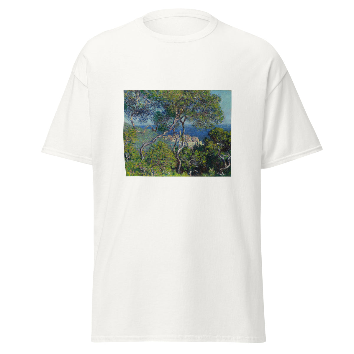 Unisex t-shirt featuring Claude Monet 'Bordighera' artwork, shown in White, front view, sizes S–5XL